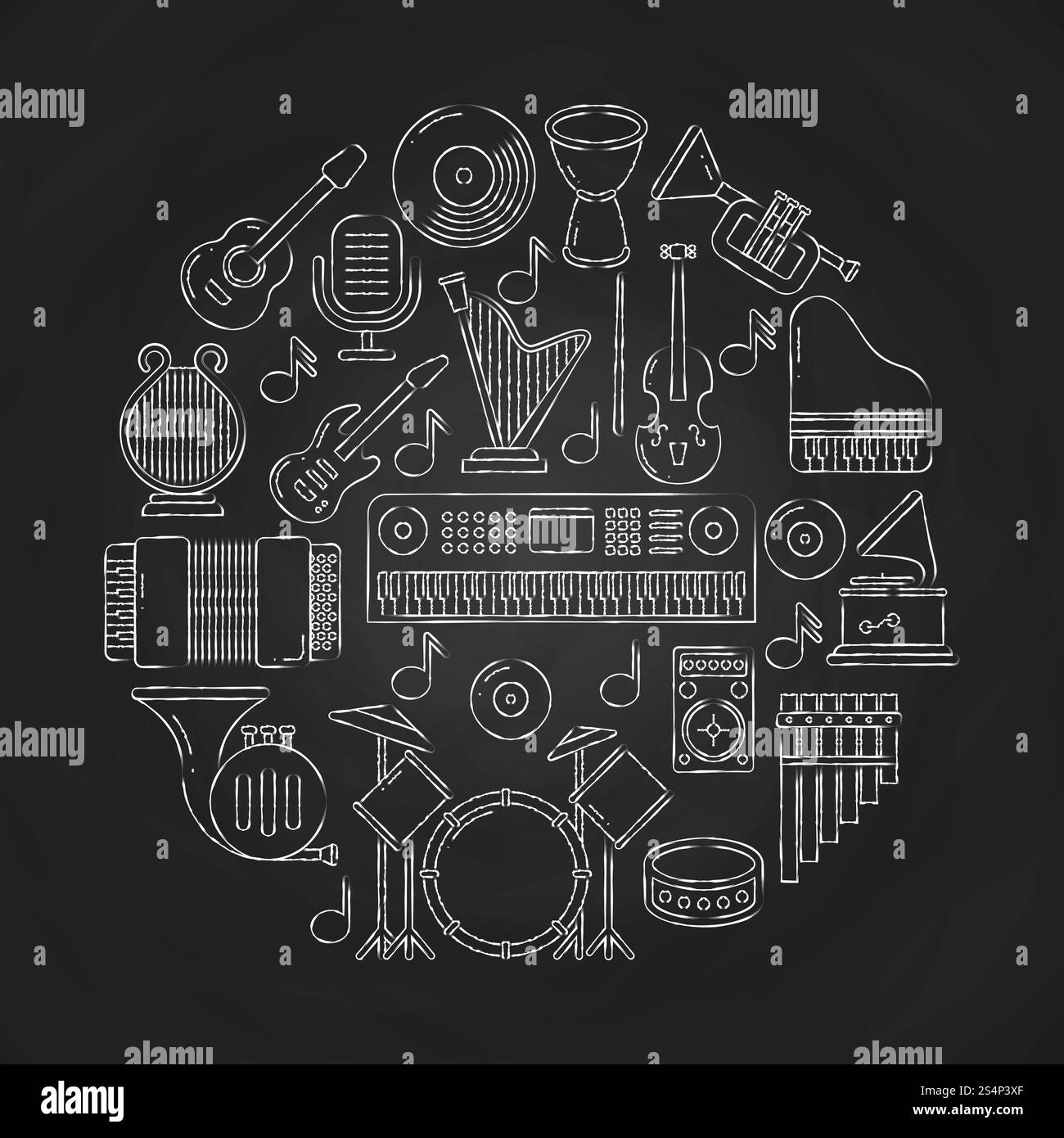 Affiche de musique vectorielle de dessin à la craie avec des instruments de musique sur tableau noir. Guitare et batterie, piano et accordéon, microphone et trompette illustration. Affiche de musique vectorielle de dessin à la craie avec des instruments de musique sur tableau noir Illustration de Vecteur