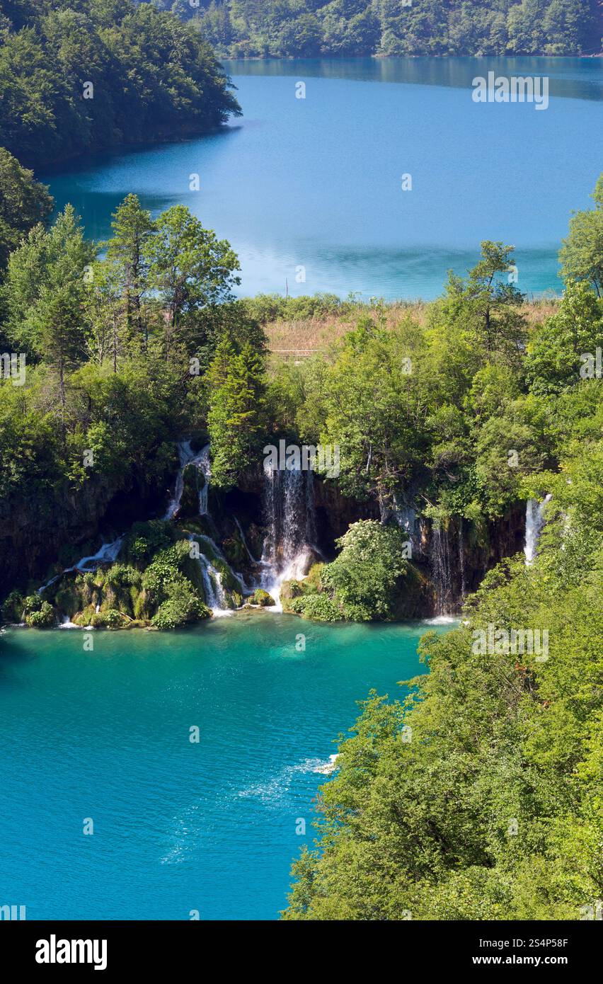 Azur Cascade lacs limpides avec des cascades dans le parc national des Lacs de Plitvice (Croatie) Banque D'Images
