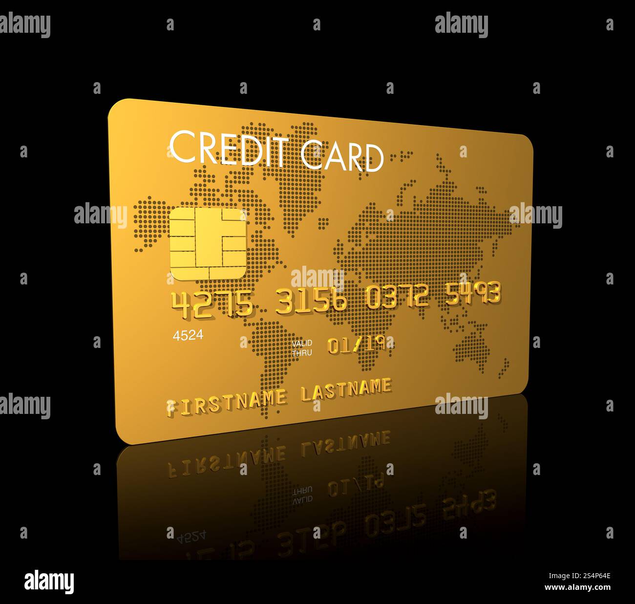 Carte de crédit en or, rendu 3D isolé sur noir. Carte de crédit Gold Banque D'Images