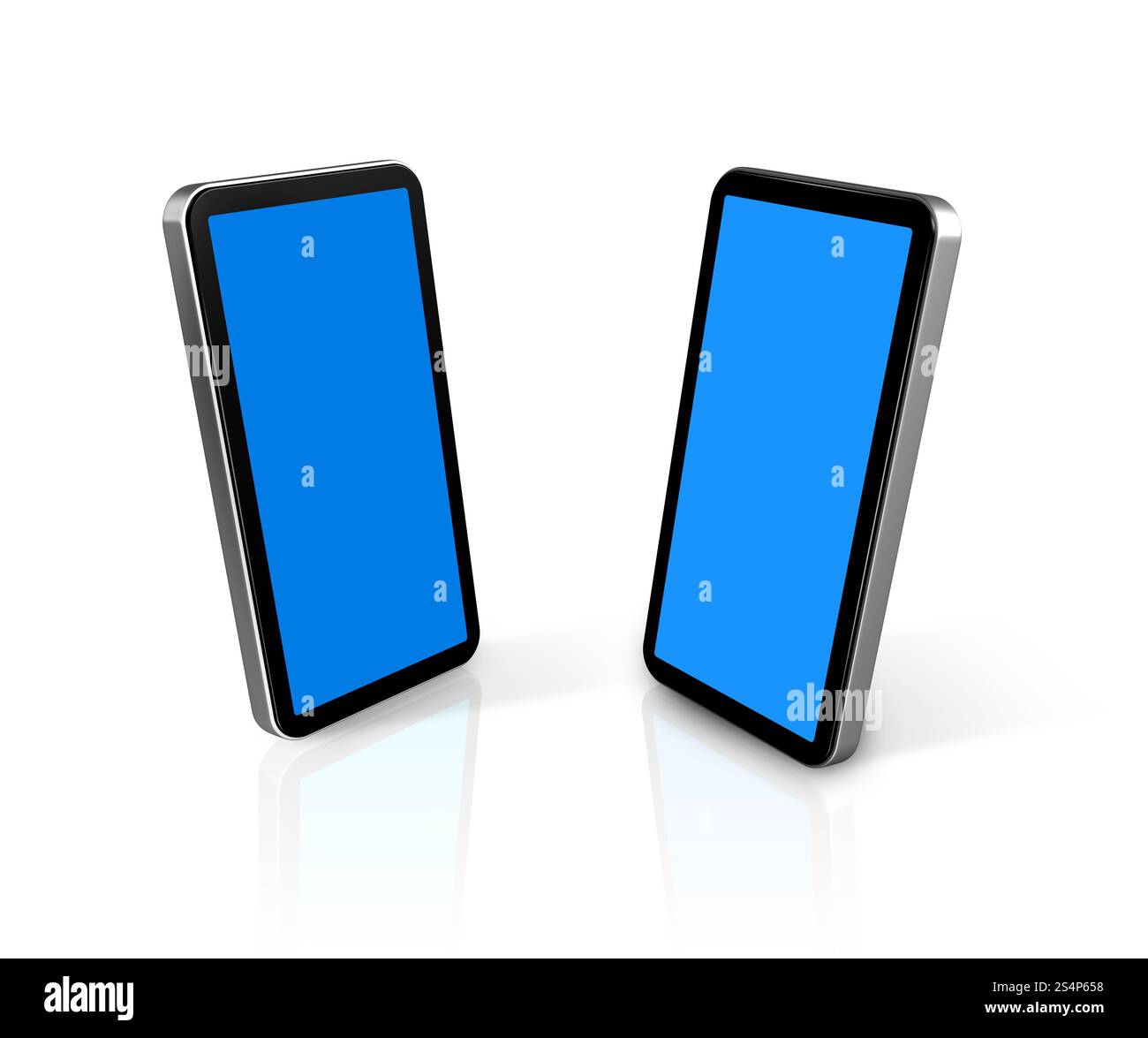 deux téléphones mobiles connectés en trois dimensions isolés sur blanc avec des écrans clippant chemin. deux téléphones portables Banque D'Images