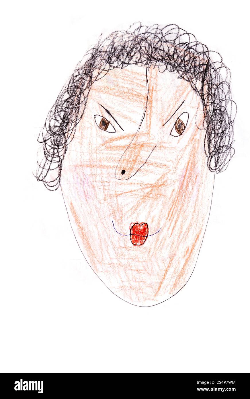 childs dessin - portrait de femme en colère avec des cheveux bouclés noirs Banque D'Images