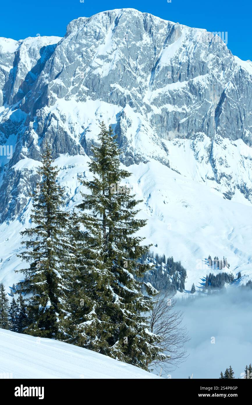 Paysage de montagne Hiver Matin de nuages dans la vallée ci-dessous (Hochkoenig région, Autriche) Banque D'Images