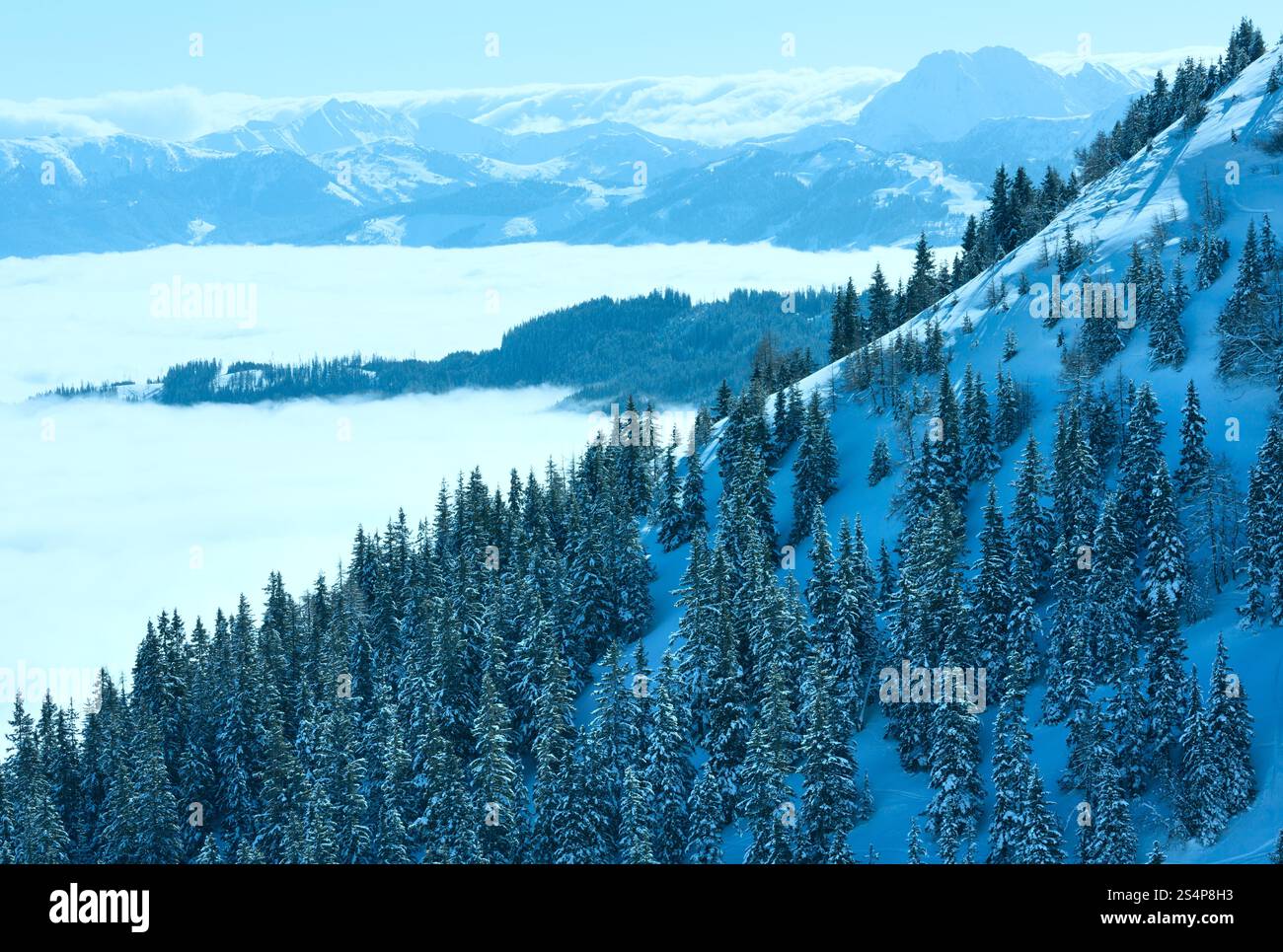Paysage de montagne Hiver Matin de nuages dans la vallée ci-dessous (Hochkoenig région, Autriche) Banque D'Images