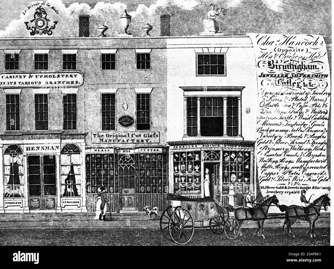 Une publicité du XIXe siècle pour Hancock's, bijoutier et orfèvre, New Street, Birmingham. Magasins d'époque géorgienne sur New Street, Birmingham, Angleterre. Banque D'Images