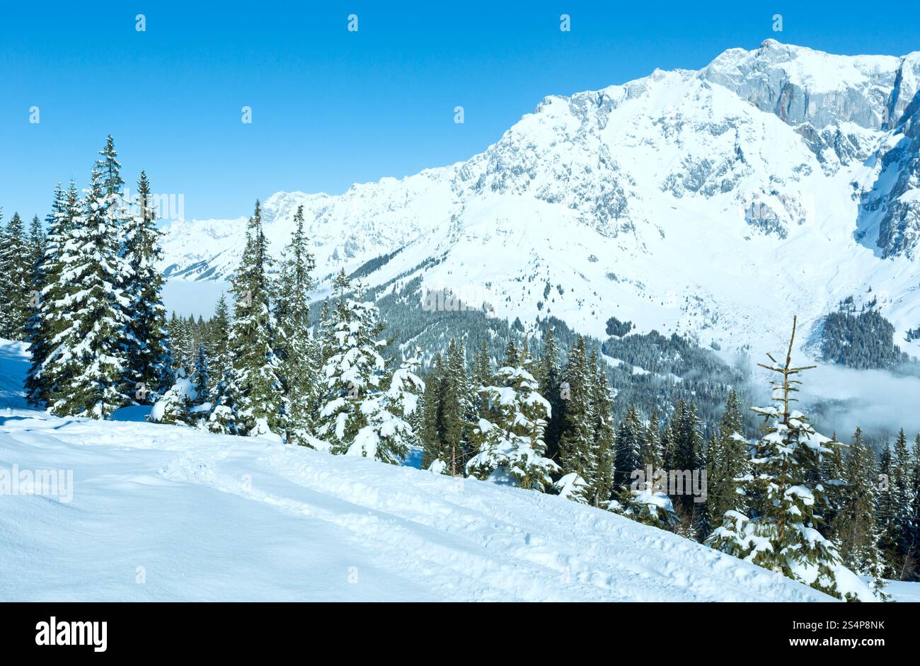 Paysage de montagne Hiver Matin de nuages dans la vallée ci-dessous (Hochkoenig région, Autriche) Banque D'Images