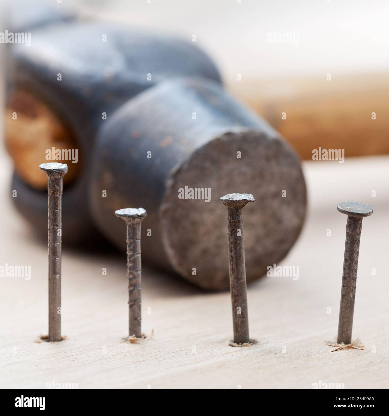 Marteau, clous en planche en bois close up Banque D'Images