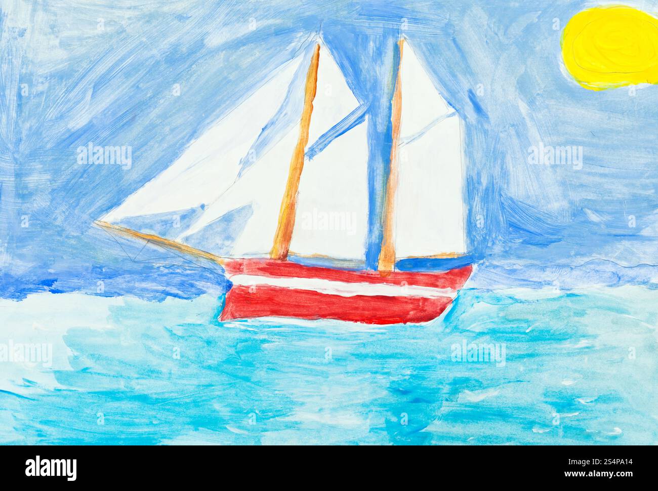 Peinture enfants - navire à voile en bleu océan sous un soleil jaune. Banque D'Images