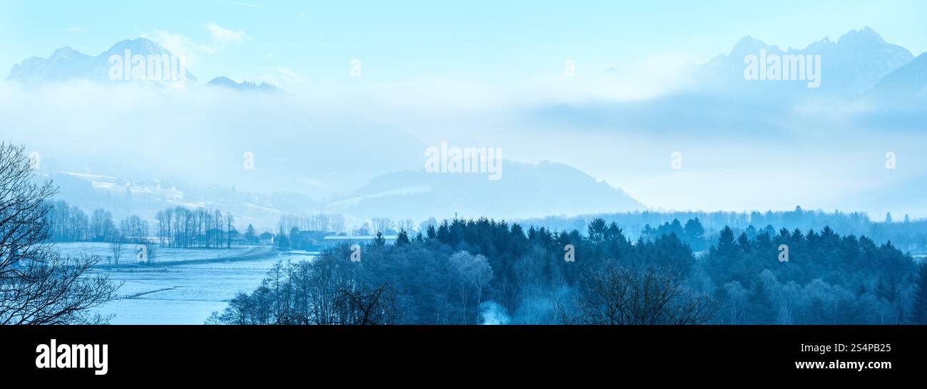 Village de montagne Hiver paysage brumeux en Autriche. Banque D'Images