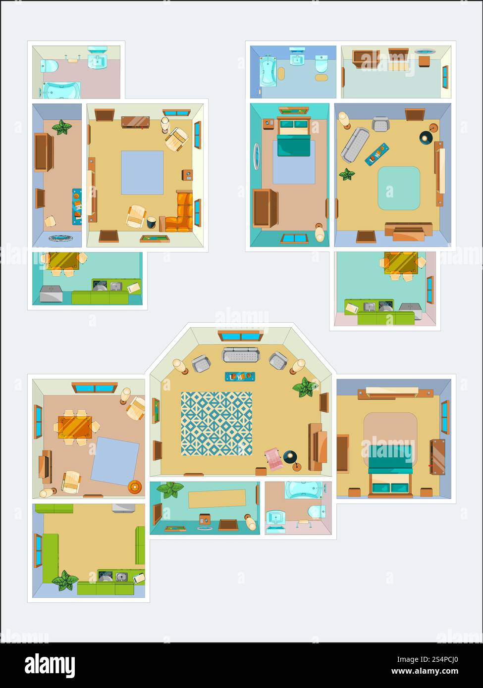 Dessins pour la disposition de l'appartement. Images vectorielles de vue de dessus de cuisine, salle de bains et salon. Plan de l'illustration de maison d'appartement intérieure. Dessins pour la disposition de l'appartement. Images vectorielles de vue de dessus de cuisine, salle de bains et salon Illustration de Vecteur