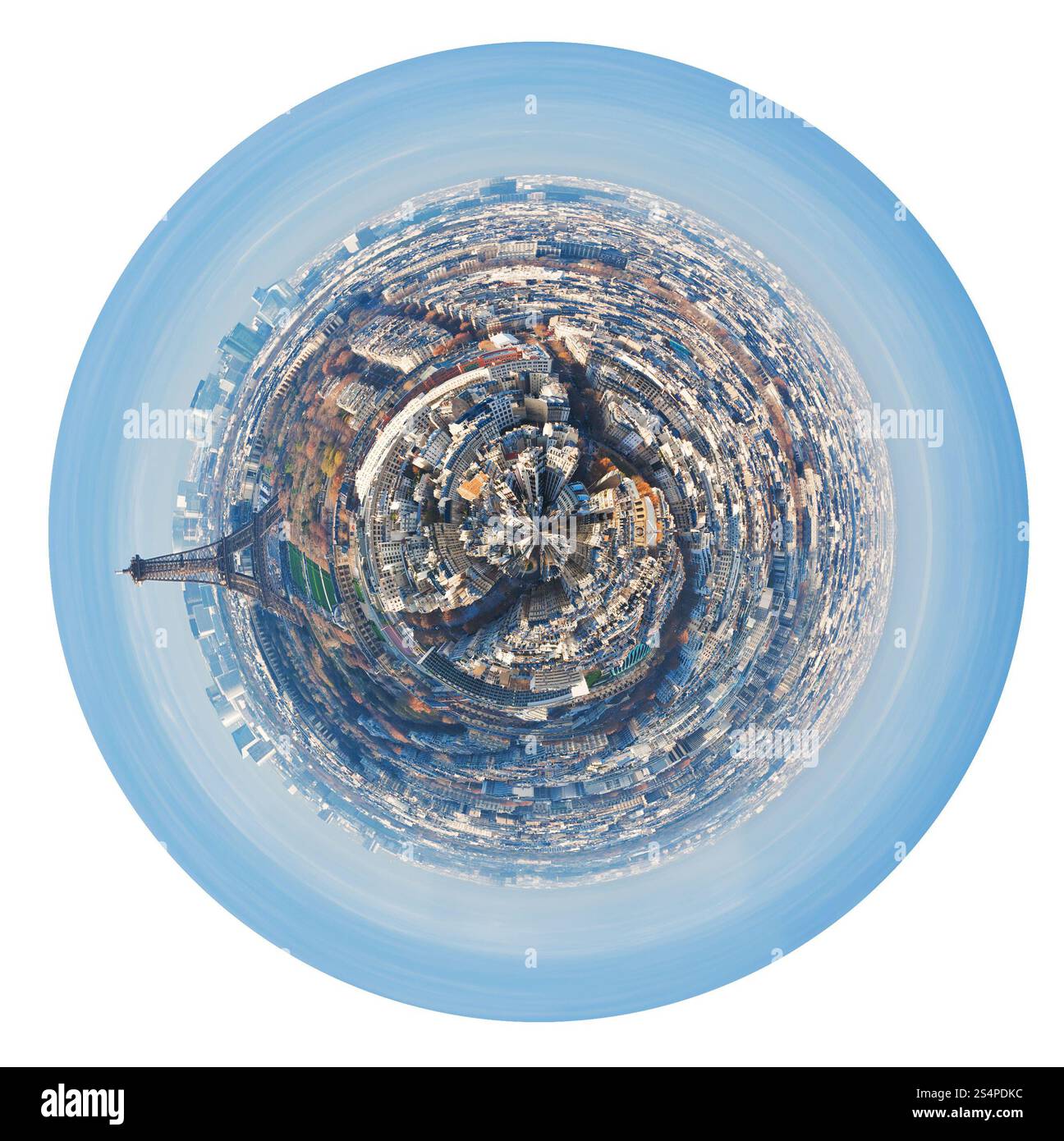 Petite Planète - panorama sphérique urbaine de Paris isolé sur fond blanc Banque D'Images