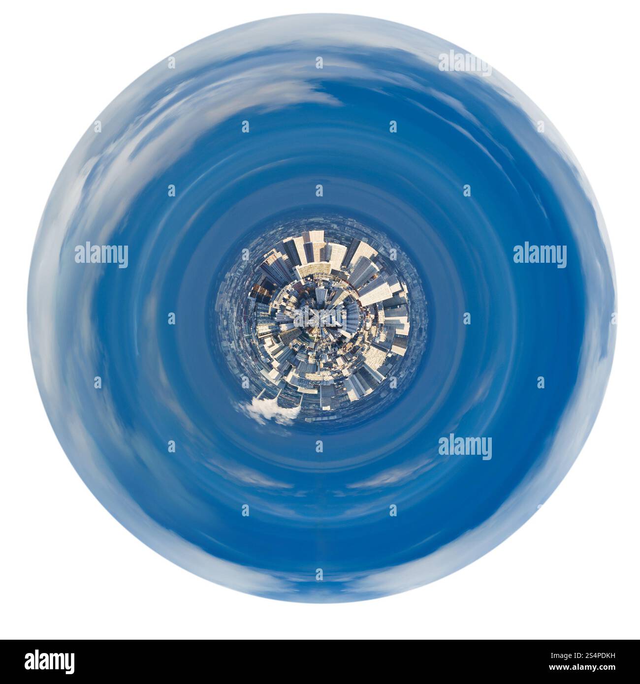 Petite Planète - panorama sphérique urbaine de Paris bâtiments sous ciel bleu isolé sur fond blanc Banque D'Images