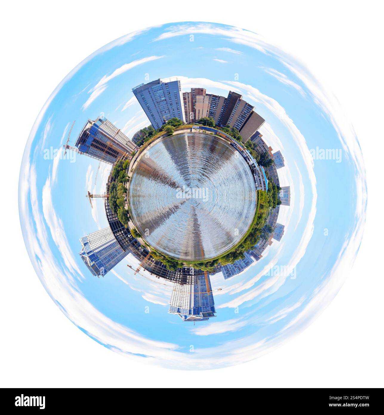 Petite Planète - vue panoramique sphérique de nouvelle construction maisons appartement à Kiev, Ukraine isolé sur fond blanc Banque D'Images