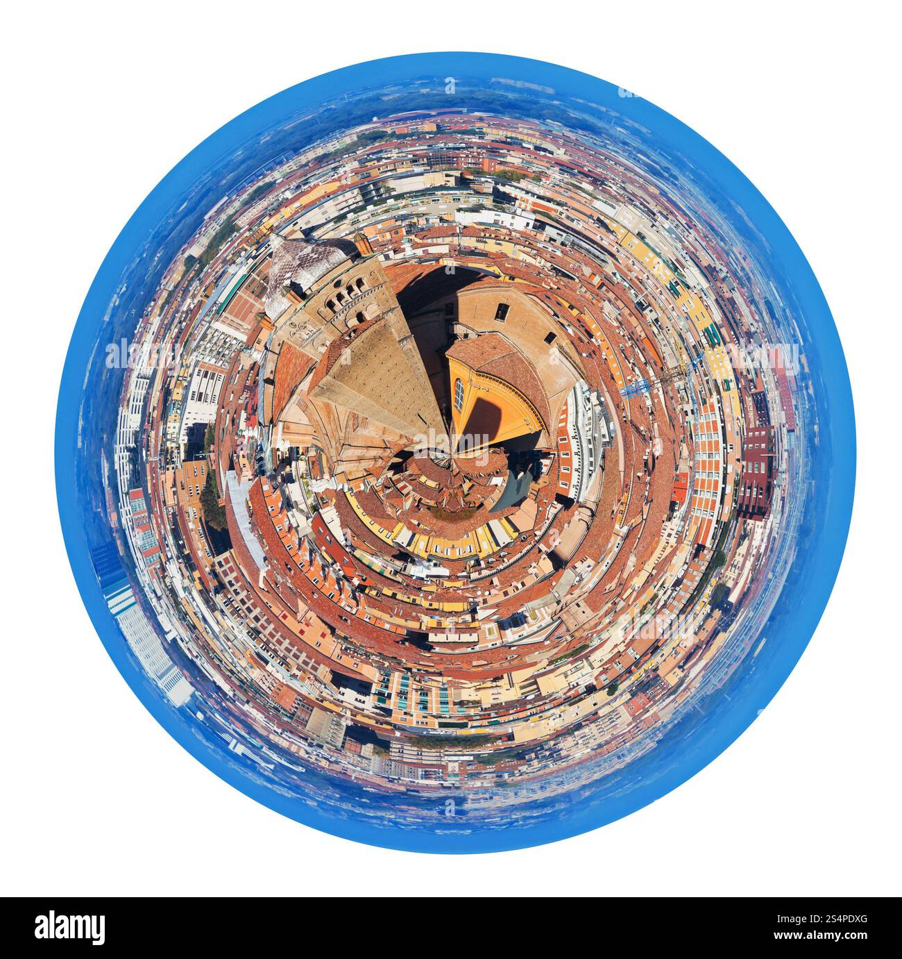 Petite planète sphérique urbaine - vue panoramique de la tour Asinelli, Bologne, Italie isolé sur fond blanc Banque D'Images