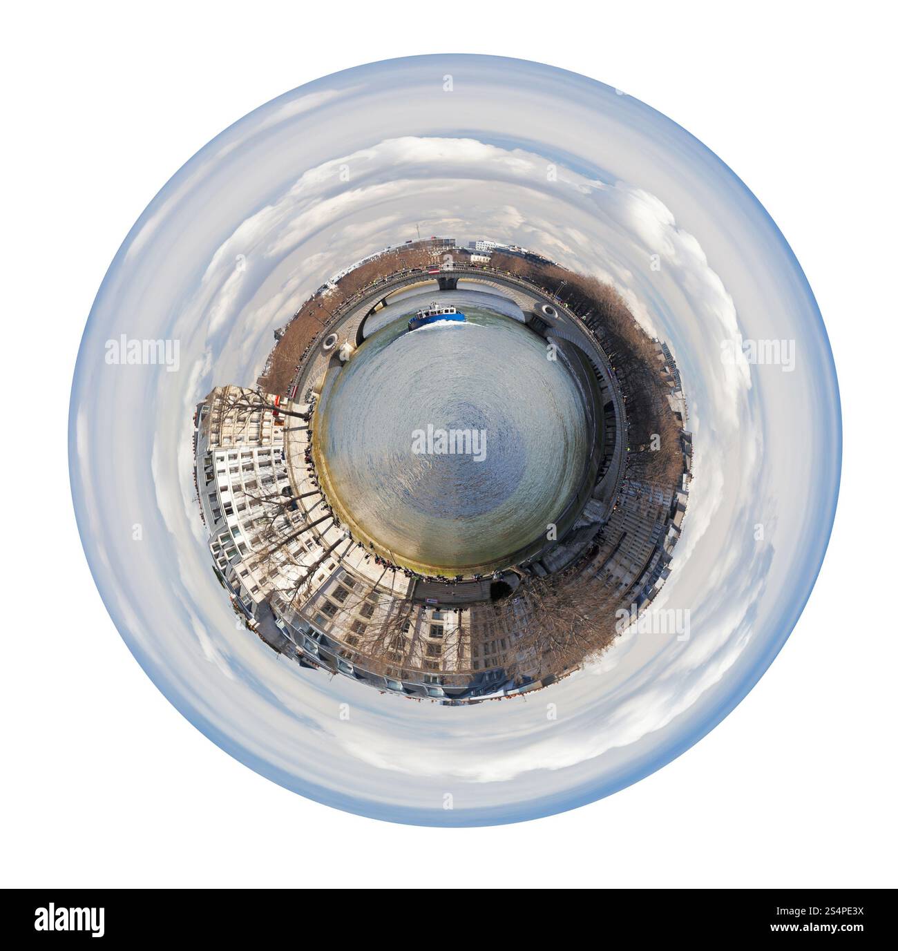 Petite Planète - panorama sphérique urbaine de Paris avec vue sur Seine et Pont Louis-Philippe isolé sur fond blanc Banque D'Images