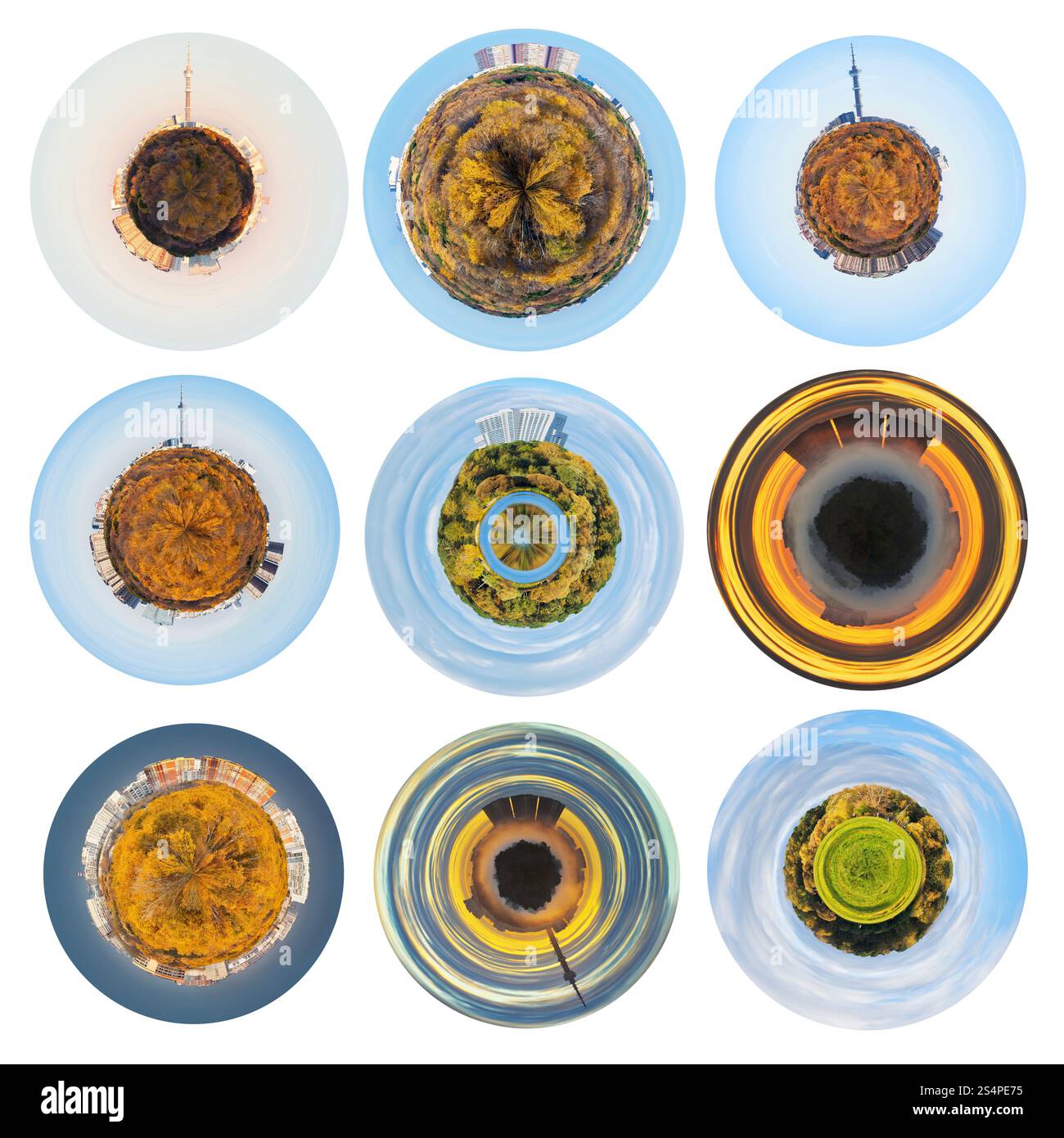 Série de panoramas sphériques avec des maisons urbaines et les bois sur la planète à l'automne Banque D'Images