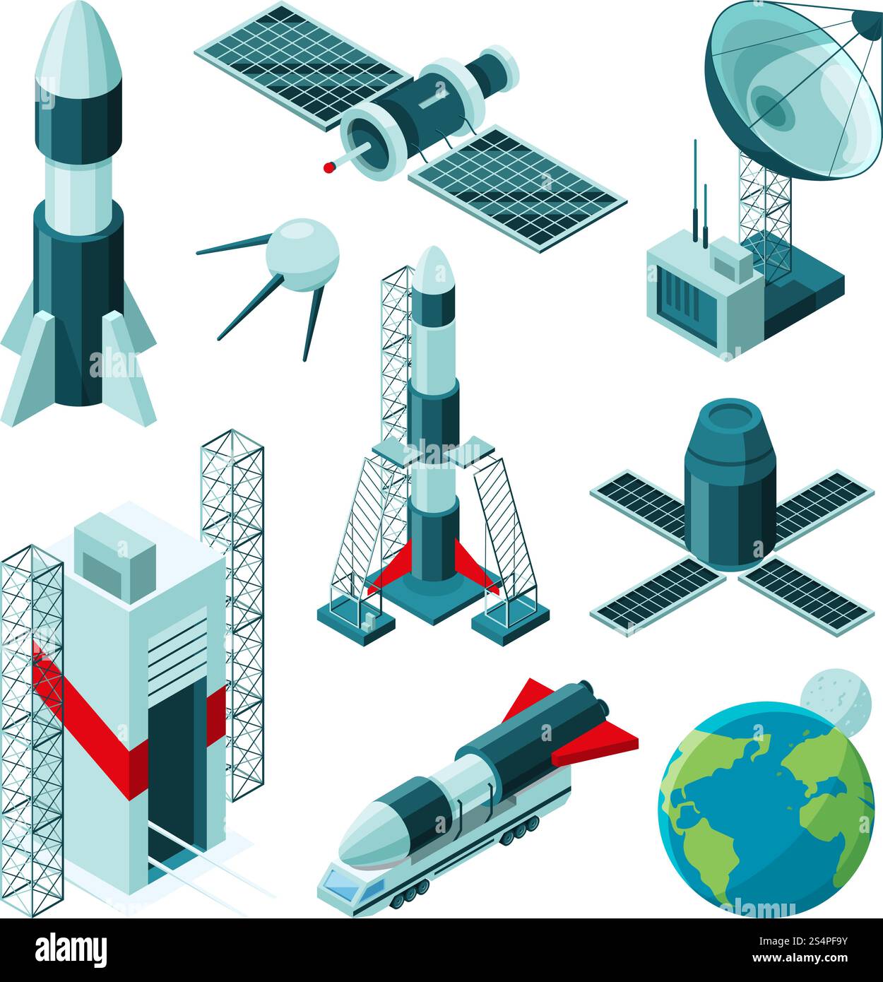 Images isométriques de différents outils et constructions pour le centre spatial. Station navette et fusée satellite, technologie des vaisseaux spatiaux. Illustration vectorielle. Images isométriques de différents outils et constructions pour le centre spatial Illustration de Vecteur