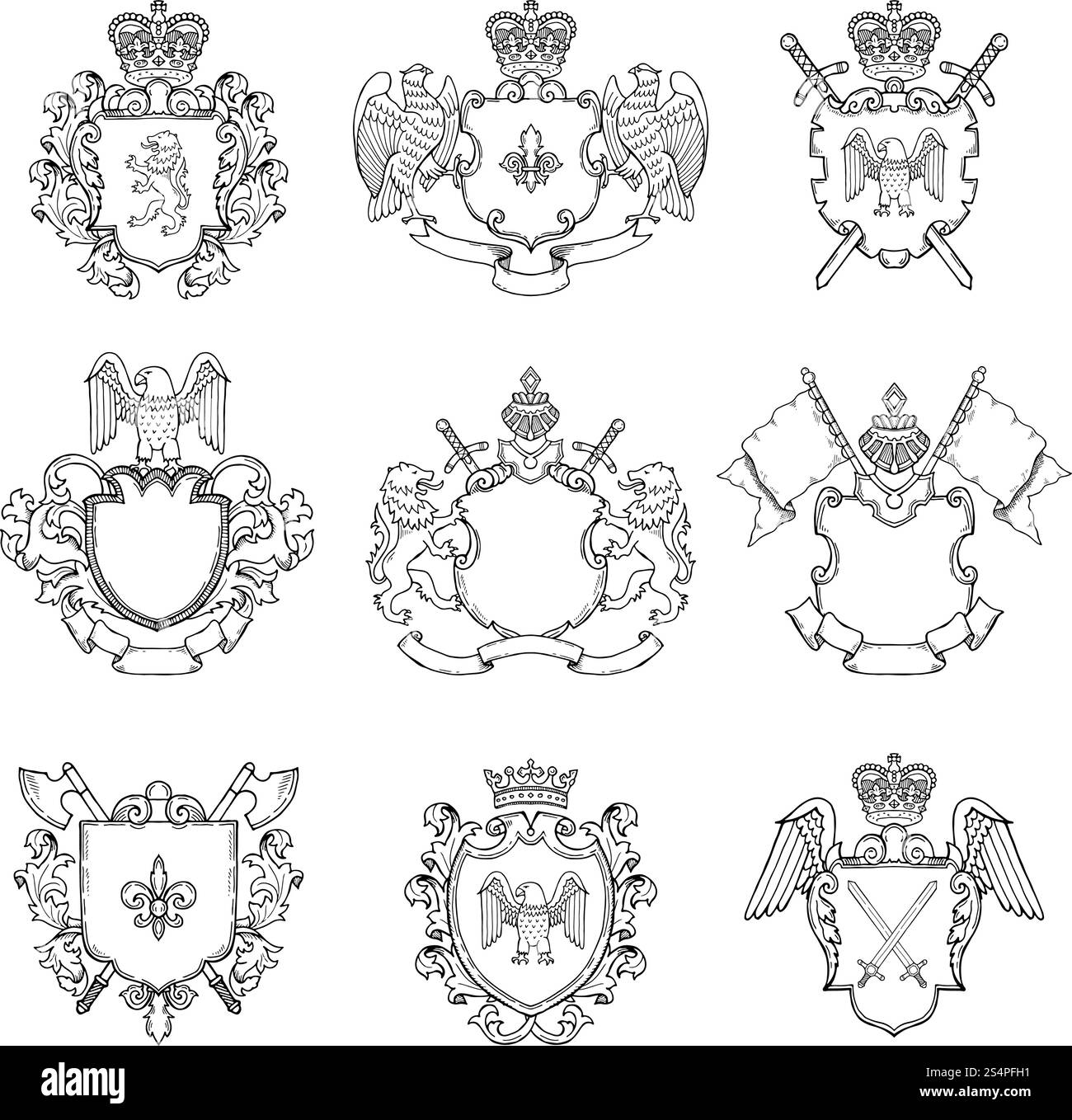 Modèle d'emblèmes héraldiques. Différents cadres vides pour la conception de logo ou de badges. Badge héraldique de vecteur vintage avec épée et illustration d'aigle. Modèle d'emblèmes héraldiques. Différents cadres vides pour la conception de logo ou de badges Illustration de Vecteur