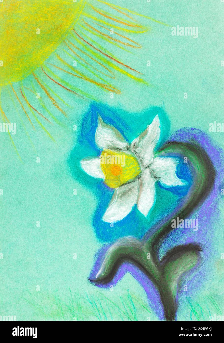 Dessin enfants - fleur jonquille sous un soleil jaune. Banque D'Images