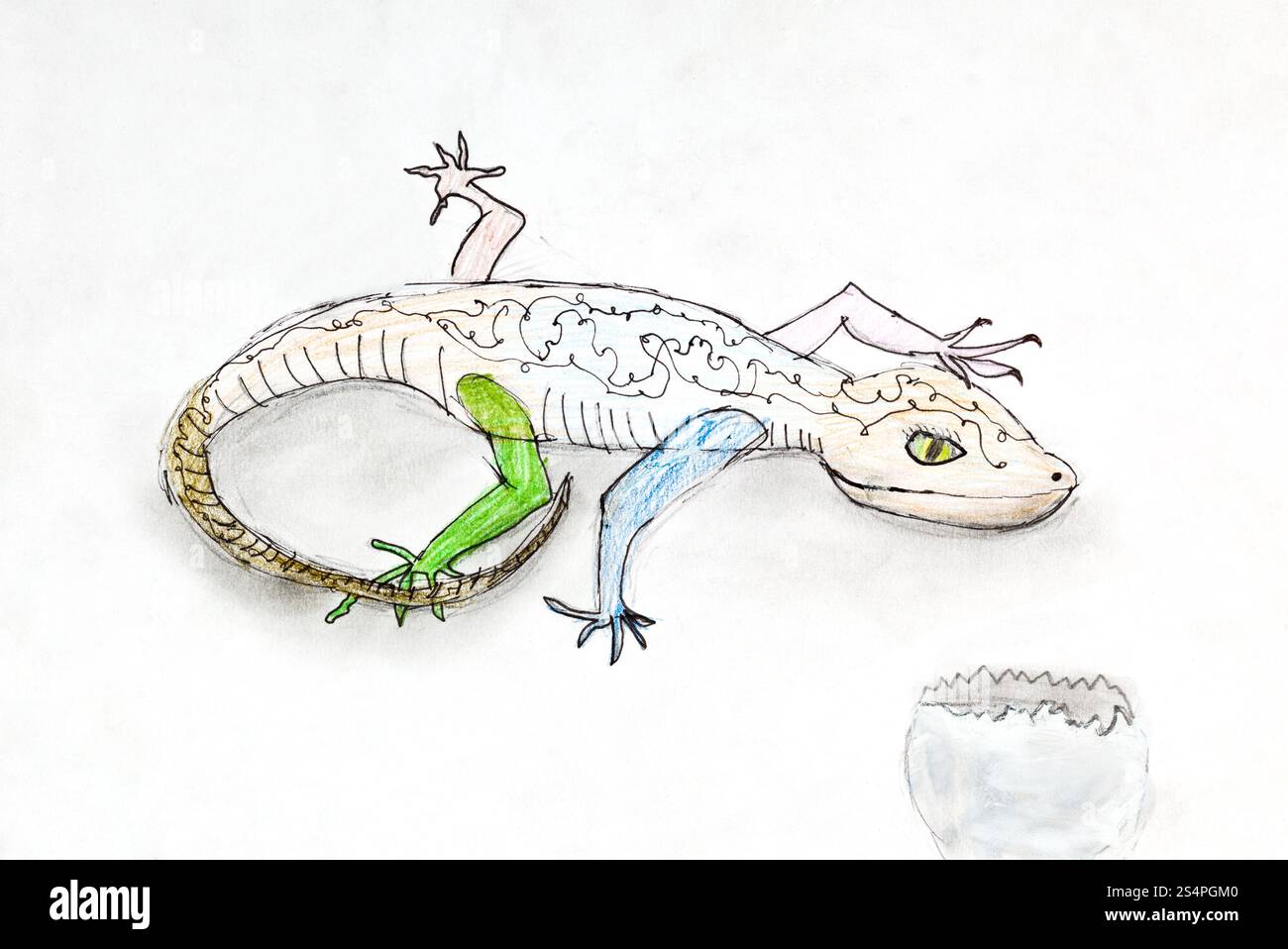 Dessin enfants - Lézard et coquille sur papier blanc Banque D'Images