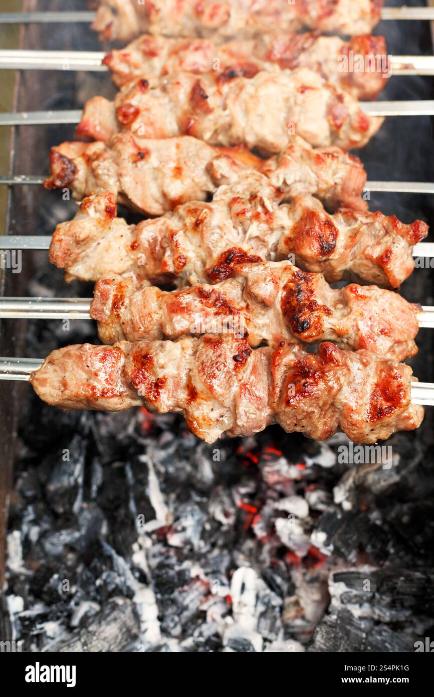 Avec des brochettes brochettes brochettes sur la combustion du charbon, Close up Banque D'Images