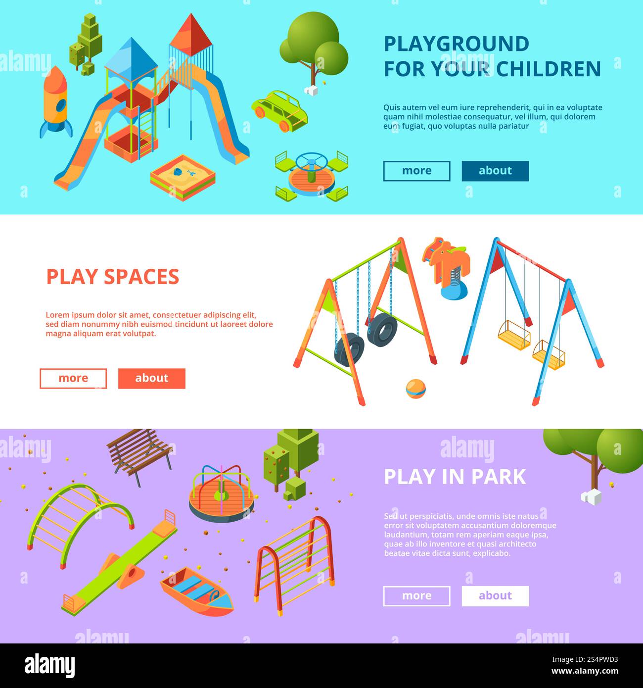 Bannières horizontales avec illustrations isométriques de terrain de jeux pour enfants. Concevez le jeu d'enfants et vecteur d'amusement. Bannières horizontales avec illustrations isométriques de terrain de jeux pour enfants Illustration de Vecteur
