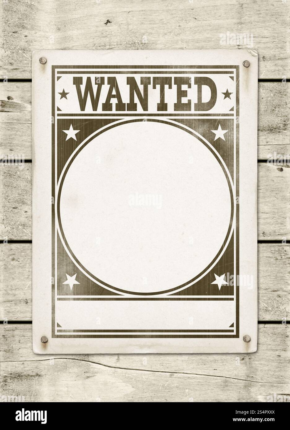 Affiche recherchée sur un panneau de bois blanc. Affiche recherchée sur une planche de bois Banque D'Images
