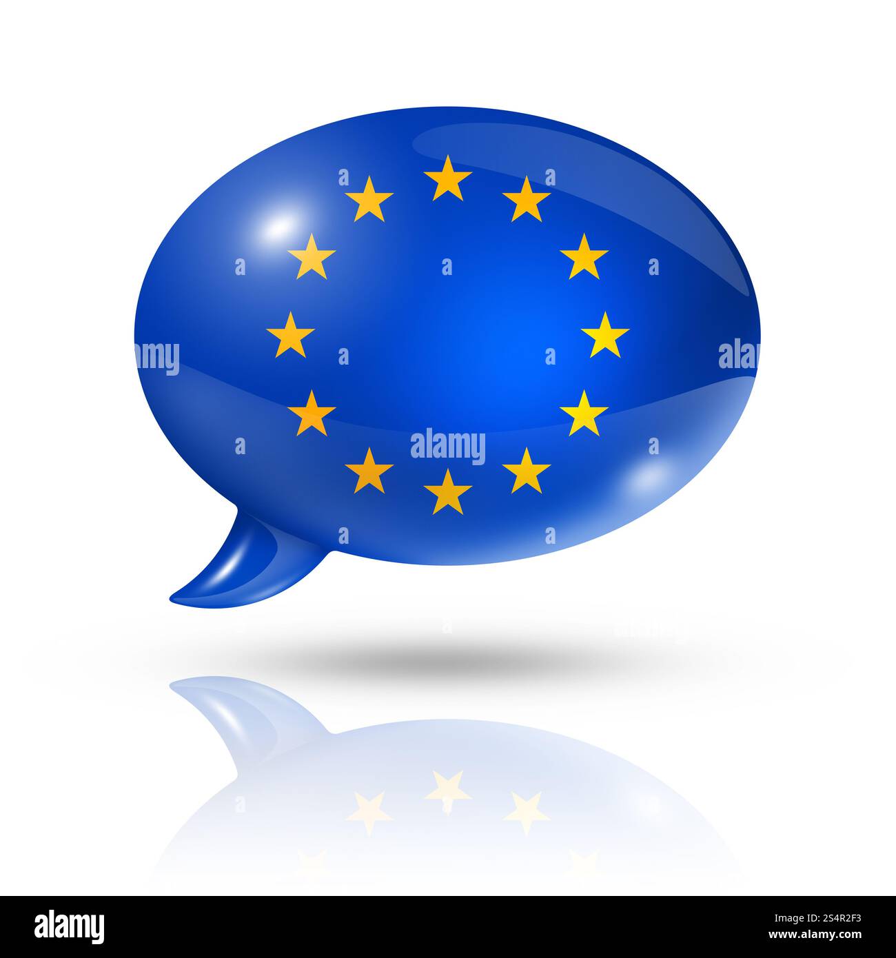 Drapeau tridimensionnel de l'union européenne dans une bulle de discours isolé sur blanc avec chemin de détourage. Bulle de discours du drapeau de l'union européenne Banque D'Images