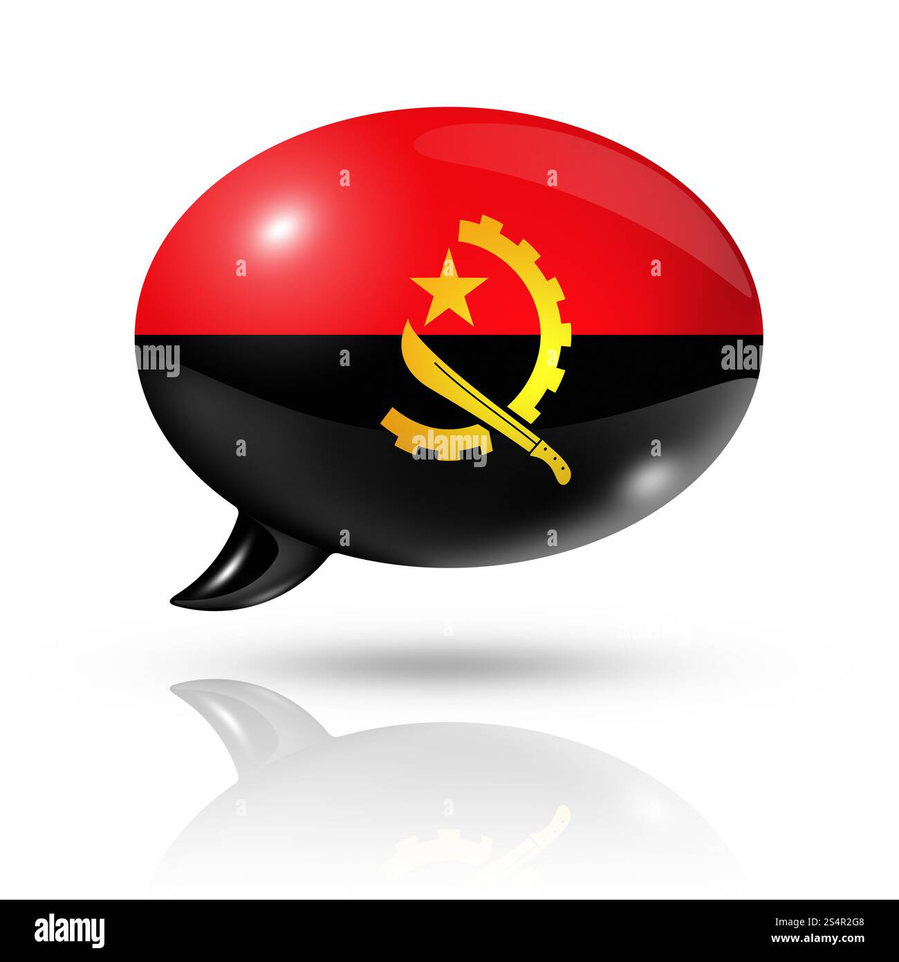 Drapeau angolais tridimensionnel dans une bulle de discours isolé sur blanc avec chemin de découpage. Bulle de discours du drapeau angolais Banque D'Images