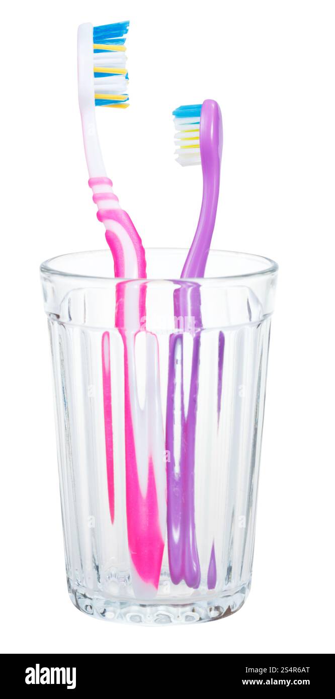 Brosses à dents pour adultes et enfants dans le verre - famille ensemble de brosses à dents isolé sur fond blanc Banque D'Images