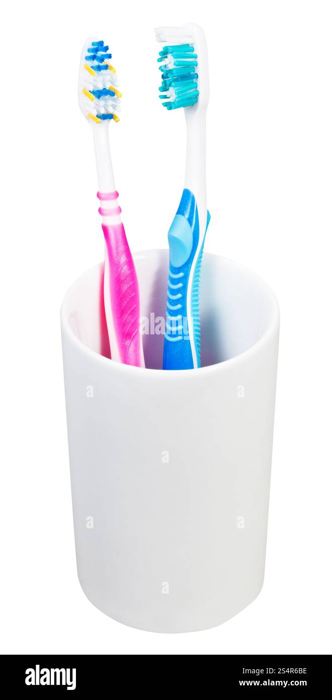 Paire de brosses à dents en verre céramique - famille ensemble de brosses à dents isolé sur fond blanc Banque D'Images