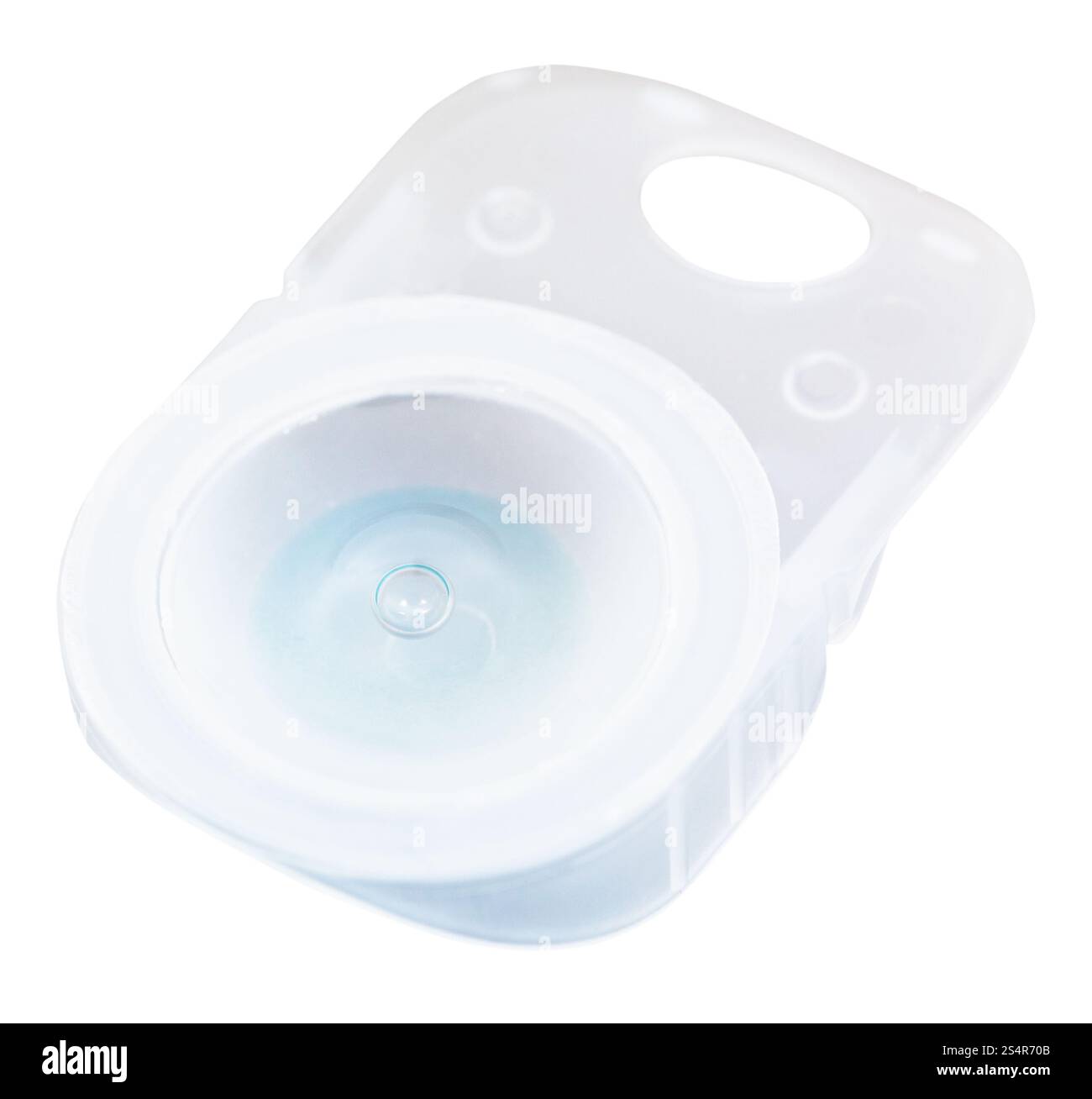 Boîtier en plastique avec des verres de contact et solution isolé sur fond blanc Banque D'Images