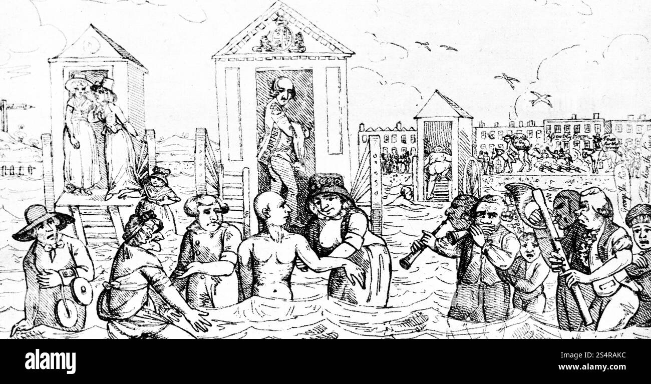 George III se baignant à Weymouth, 1789. Par John Nixon (avant 1759-1818). Le roi George III (1738-1820), en vacances à Weymouth à quatorze reprises. La première fois étant en 1789, que cette gravure représente. Banque D'Images