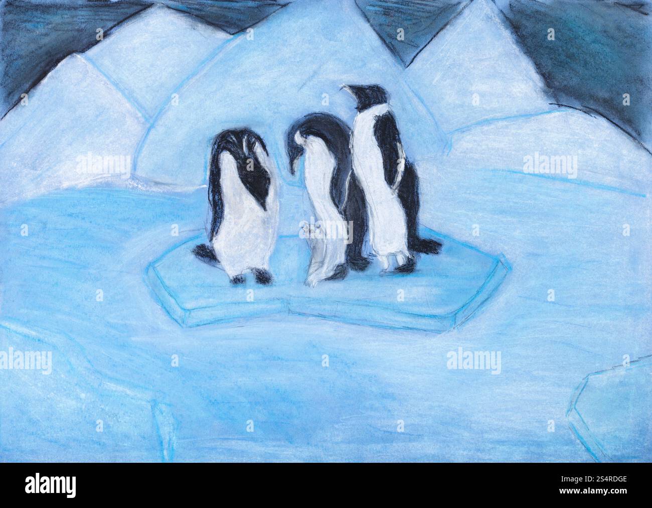 childs drawing - pingouins sur la banquise dans la nuit bleue froide Banque D'Images