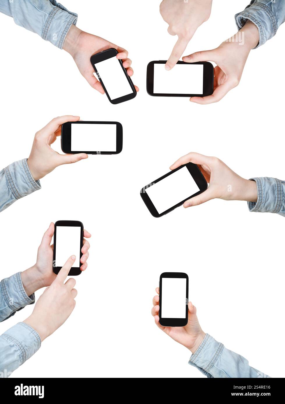 Jeu de mains est shirt holding téléphones intelligents avec cut out écran isolé sur fond blanc Banque D'Images