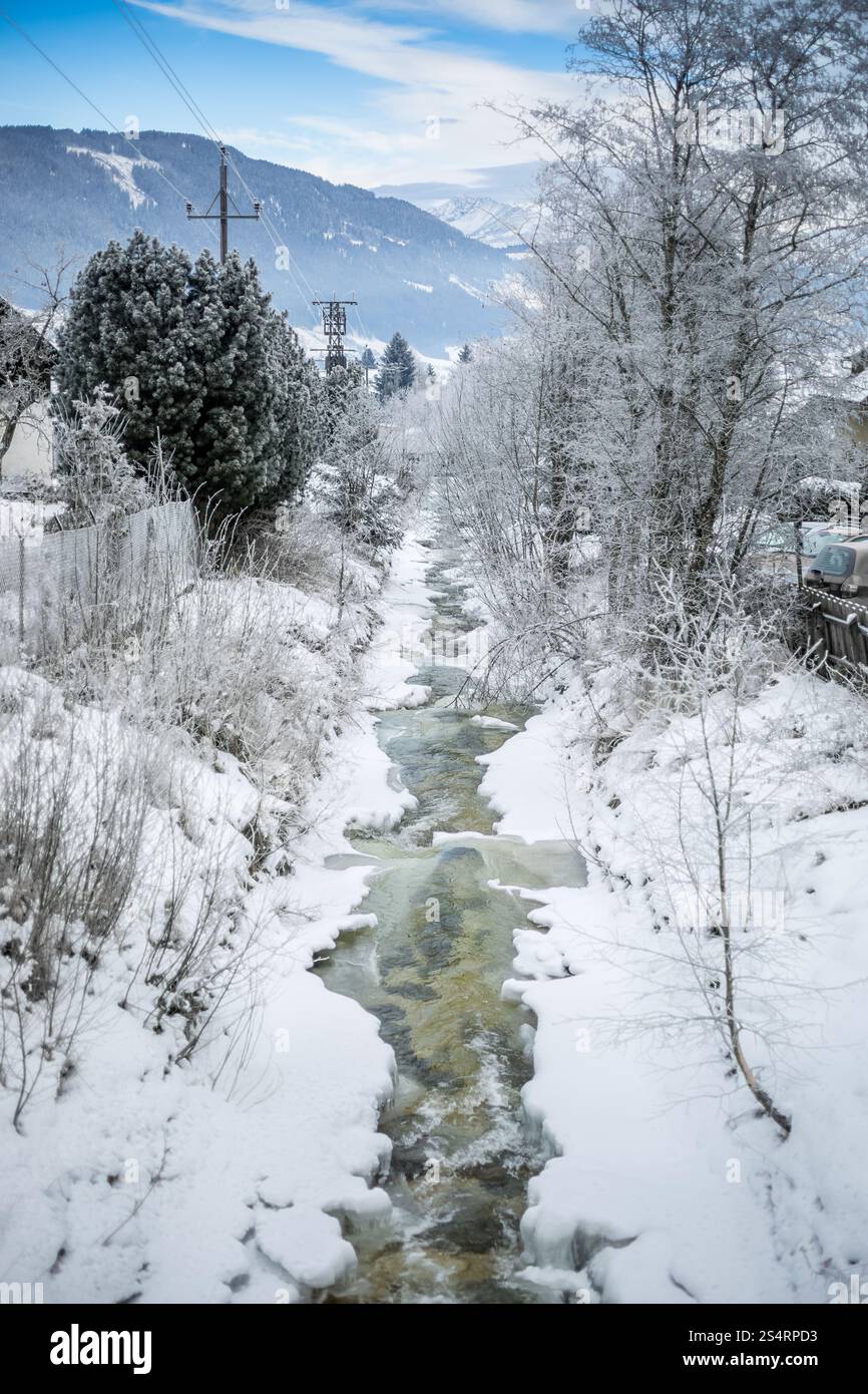 Magnifique paysage de montagne à flux rapide forêt couverte de neige Banque D'Images