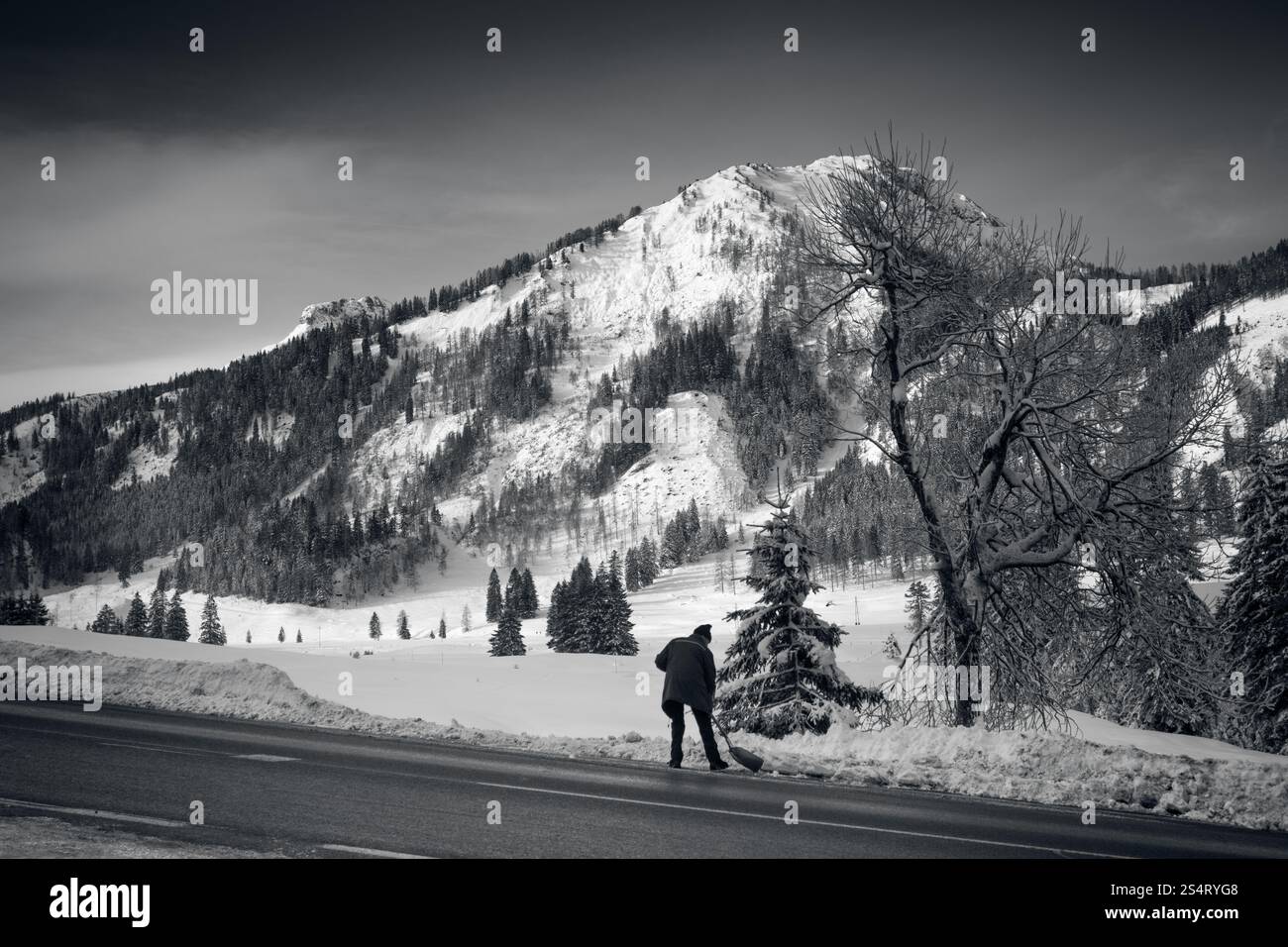 Le noir et blanc paysage de hautes montagnes couvertes de neige de Banque D'Images