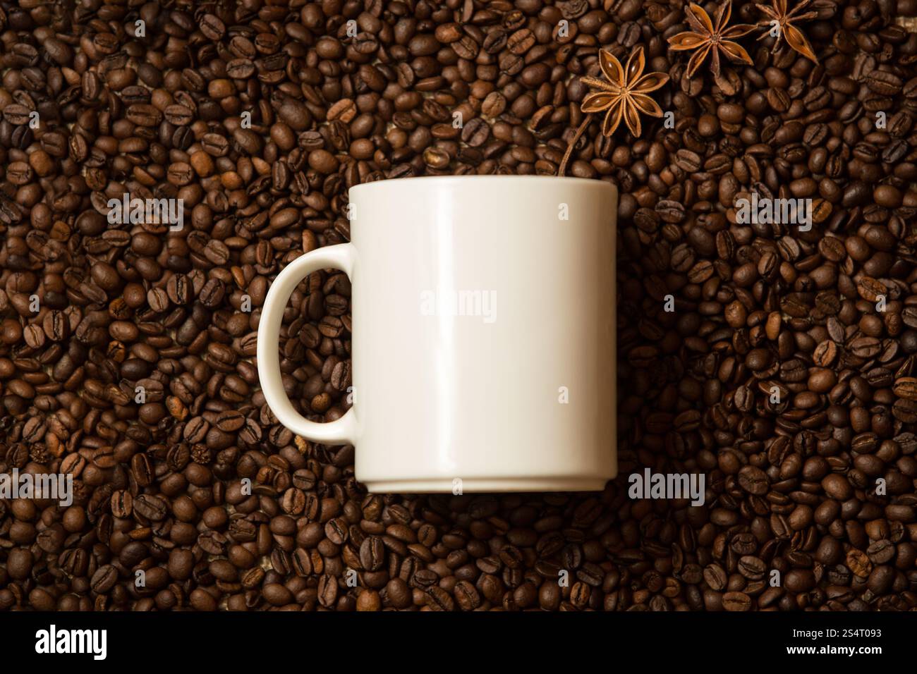 Libre shot of white mug contre les grains de café avec de l'anis étoile allongé comme de la vapeur Banque D'Images