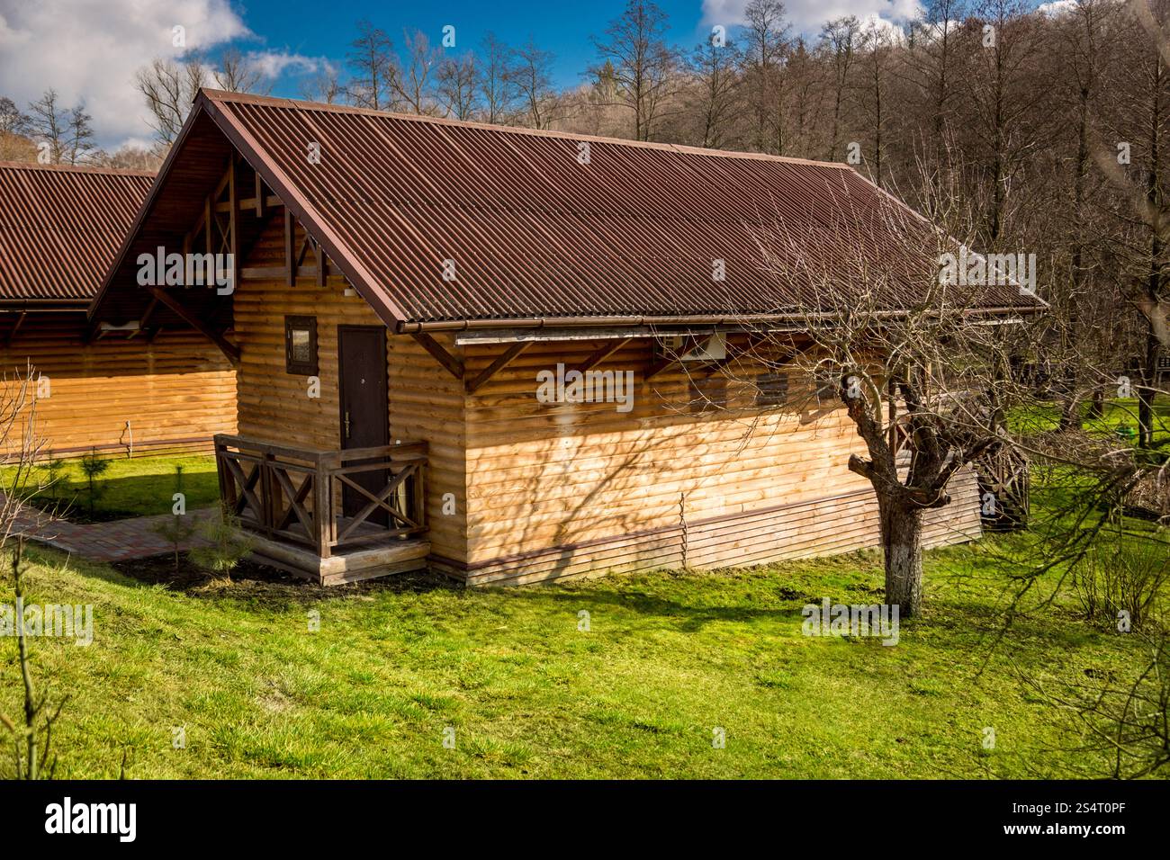 Maison traditionnelle de bois de sciage en forêt à la journée ensoleillée Banque D'Images