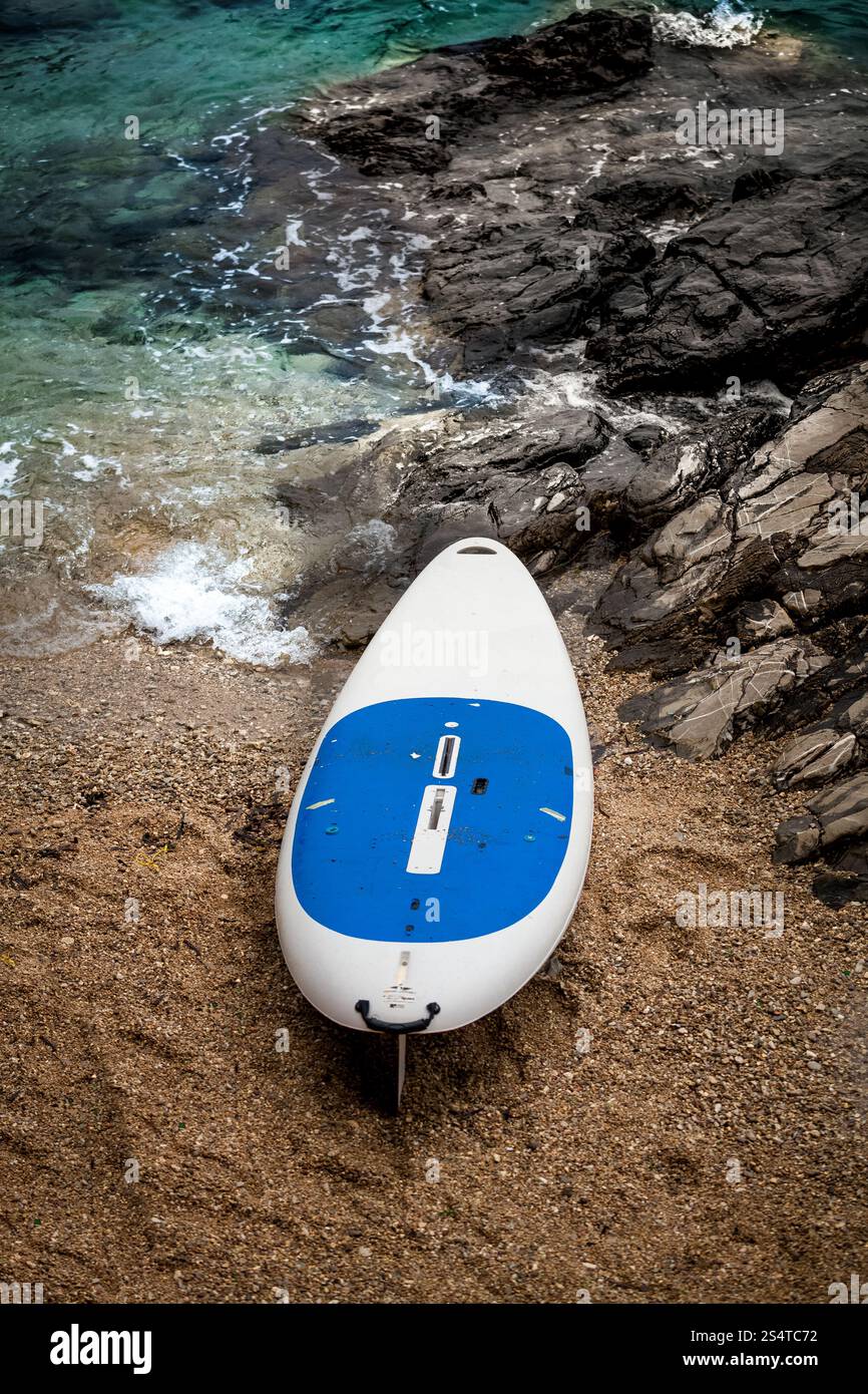 Photo de surf blanc et bleu lying on sand Beach à côté de la mer ondulée Banque D'Images