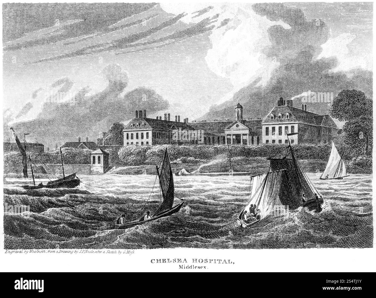 Une gravure de l'hôpital de Chelsea, Middlesex telle qu'elle apparaissait en août 1814 numérisée à haute résolution à partir d'un livre publié vers 1815. Banque D'Images