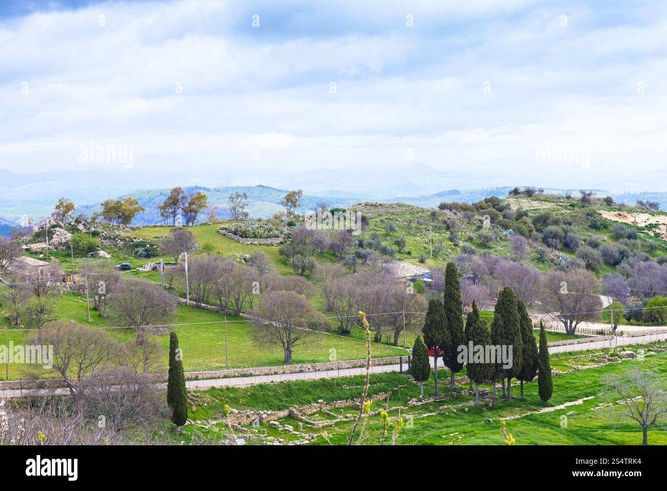 Paysage avec la zone archéologique de Morgantina en Sicile au printemps, Italie Banque D'Images