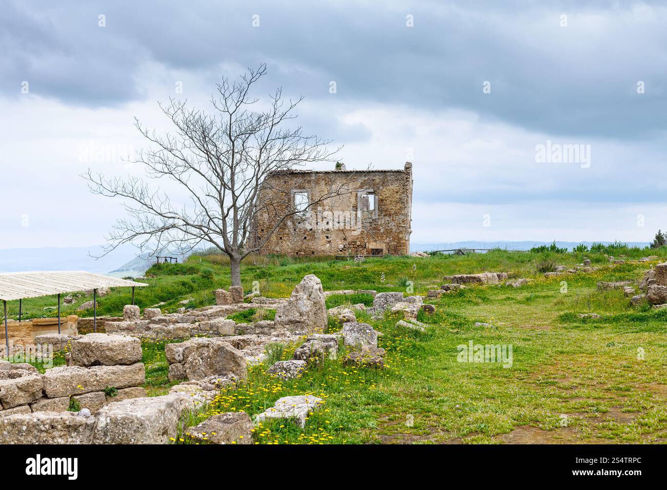Anciennes ruines grecques dans la zone archéologique de Morgantina, Sicile, Italie Banque D'Images