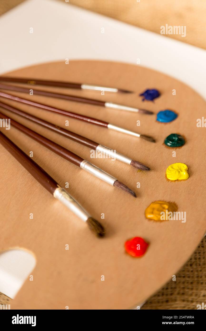 Macro photo de brosses se trouvant sur la palette trempée dans les peintures à l'huile différentes Banque D'Images