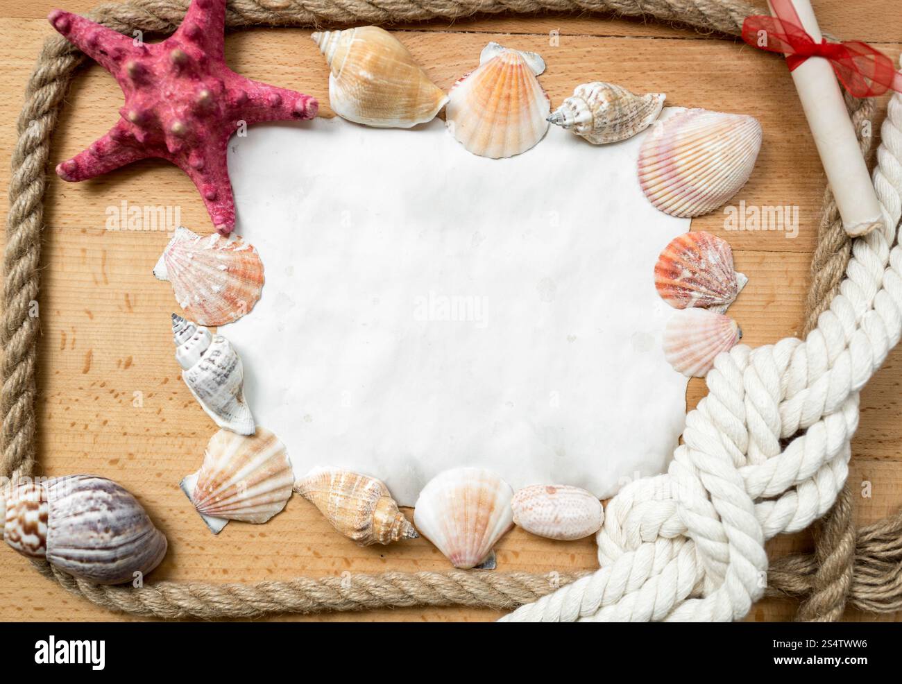 Feuille de papier blanc avec bordure faite de noeuds marins et coquillages Banque D'Images