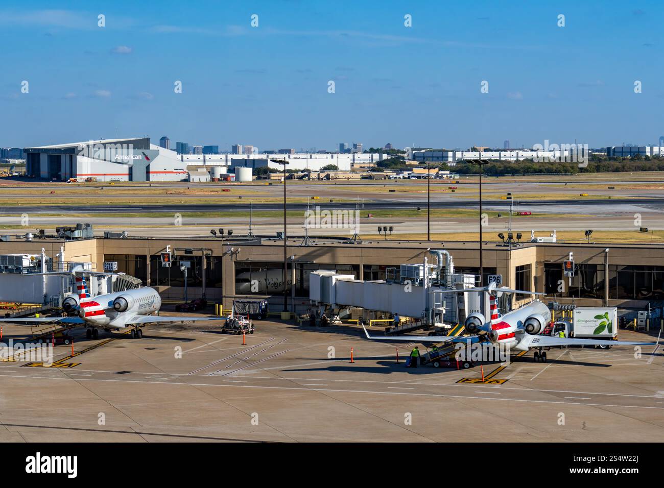 Avions de ligne régionaux au terminal satellite E de l'aéroport international Dallas Fort Worth. Dallas, Texas. Banque D'Images