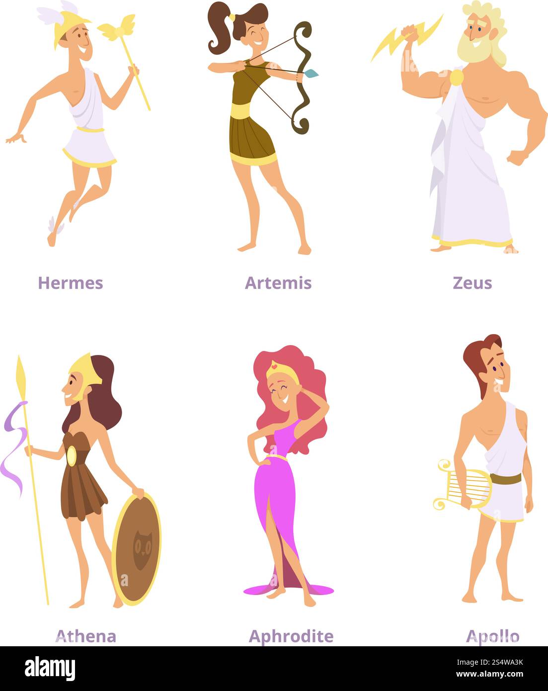 Dieux grecs anciens. Ensemble de personnages de dessin animé masculin et féminin. Vecteur dieu grec apollon et artemis, aphrodite et athéna, zeus et hermès illustration. Dieux grecs anciens. Ensemble de personnages de dessin animé masculin et féminin Illustration de Vecteur