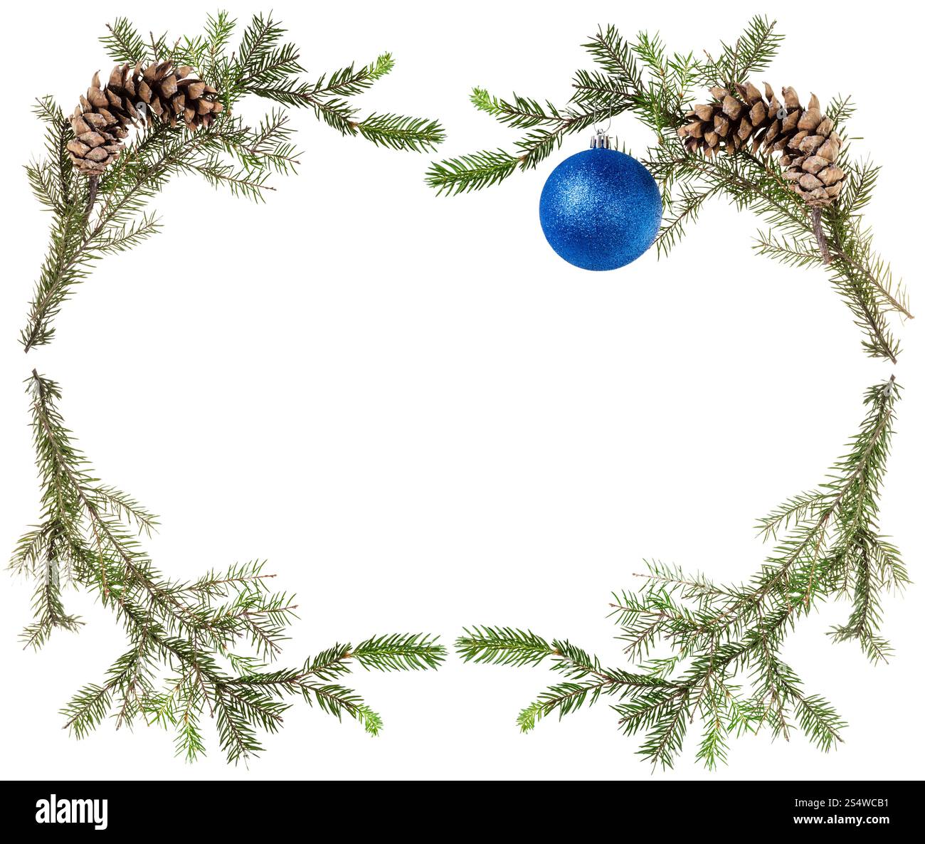 Carte de vœux de noël - sapin du châssis des branches d'arbre avec les cônes et balle bleue sur fond blanc Banque D'Images Carte de vœux de noël - sapin du châssis des branches d'arbre avec les cônes et balle bleue sur fond blanc Banque D'Images