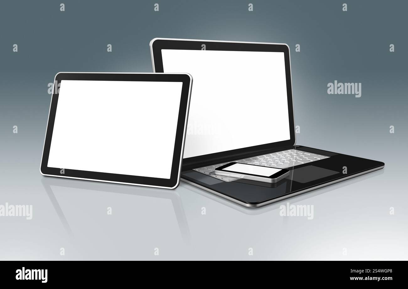 High Tech 3D'ordinateur portable, téléphone mobile et tablette numérique - isolé sur un fond gris avec clipping path Banque D'Images