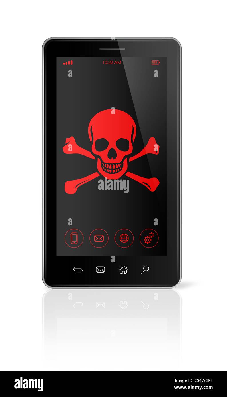 Téléphone intelligent 3D avec un symbole de pirate sur l'écran. Concept de piratage. téléphone intelligent avec un symbole pirate sur l'écran. Concept de piratage Banque D'Images