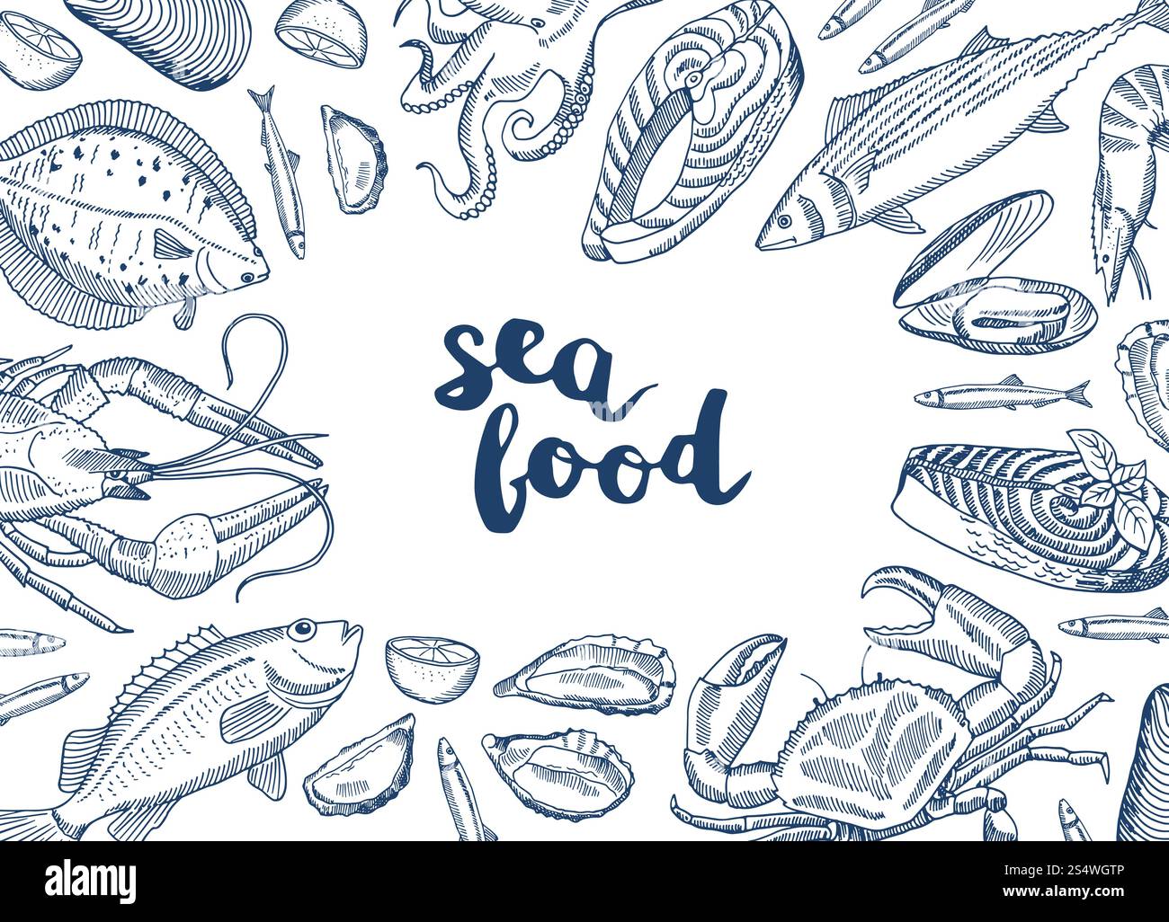 Illustration de fond de vecteur avec des éléments de fruits de mer dessinés à la main rassemblés autour du lettrage. Illustration de fond de vecteur avec des éléments de fruits de mer dessinés à la main Illustration de Vecteur